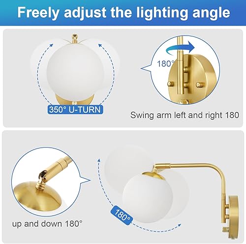 Miniatura 4 de Apliques de pared regulables enchufables, luces de pared con brazo oscilante con cable de enchufe e interruptor de perilla de encendido/apagado