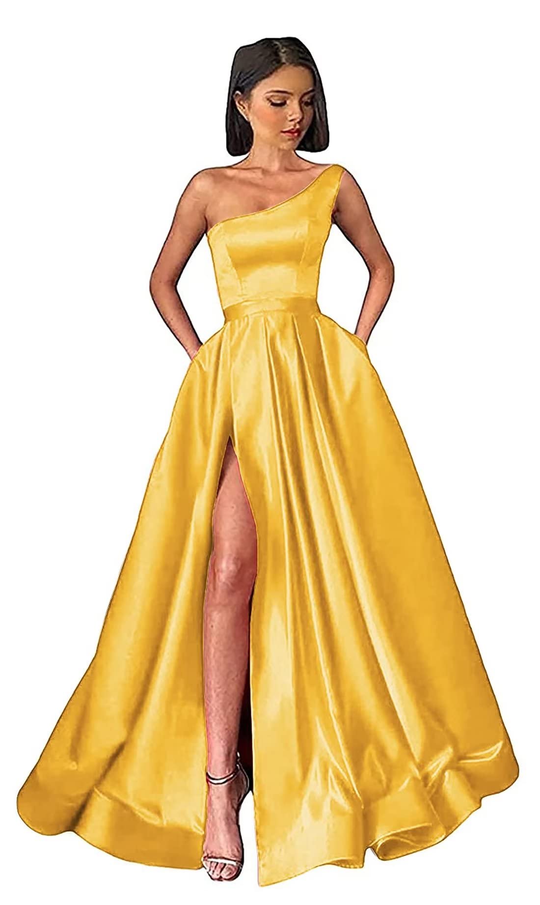 Sincemeet Vestido de Fiesta de satén con un Hombro para Mujer Vestido Largo de Dama de Honor Vestido de Fiesta con Corte en A