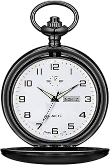 Smooth Quartz Pocket Watches for Men Classic Arabic Digital Luminous Dial & Day Date Pocket Watch with Chain Christmas Graduation Birthday Gifts