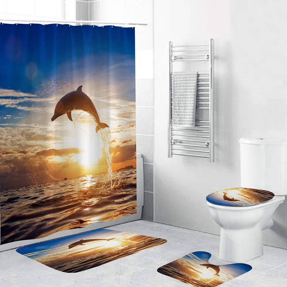 SUNGFINE Matching Shower Curtains with Bath Mats Various Animals Washable Anti Mould Curtain with Toilet Lid Cover,Non-Slip Bathroom Mat, Pedestal Rugs and Waterproof Shower Curtain with Hooks (A2)