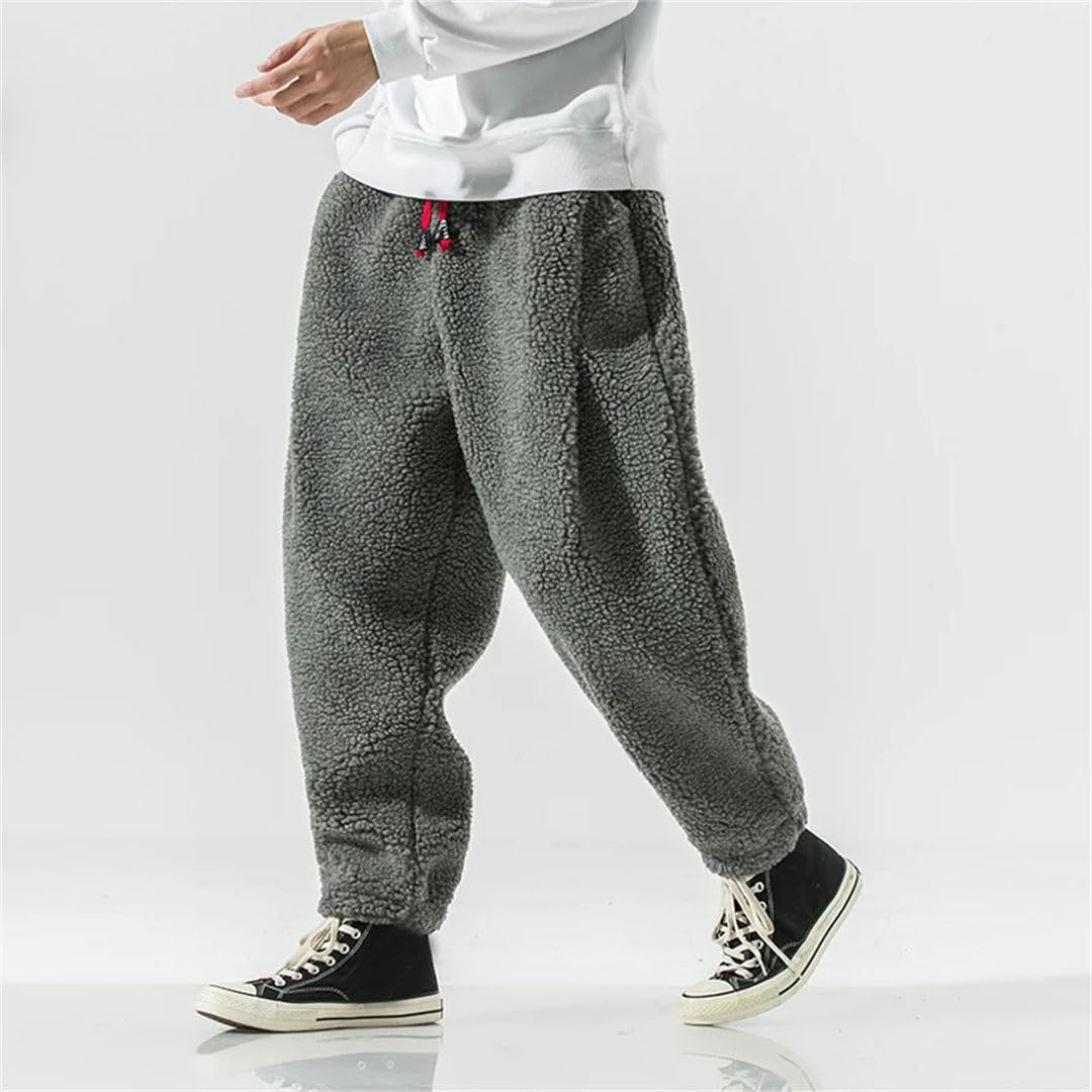 Męskie zimowe pogrubione spodnie ciepłe retro grube spodnie z wełny jagnięcej męskie streetwear hip-hop luźne proste spodnie spodnie