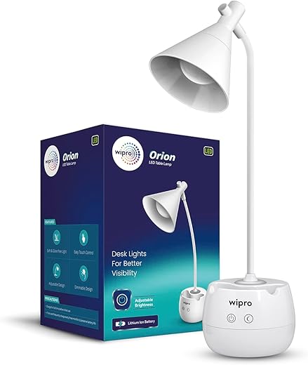 Wipro Orion 6w Rechargeable LED Table Lamp |3 Grade Dimming with Night Light |Adjustable Desk Lamp for Study |Mobile Holder |with Pen Stand |...