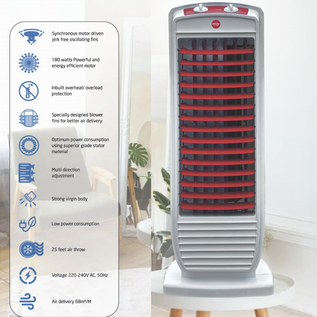 EASY Turbo High Speed Tower Fan for Home | 180W Turbo Motor, 25ft Air Circulation, Adjustable Airflow | 1300 RPM | White & Red 2