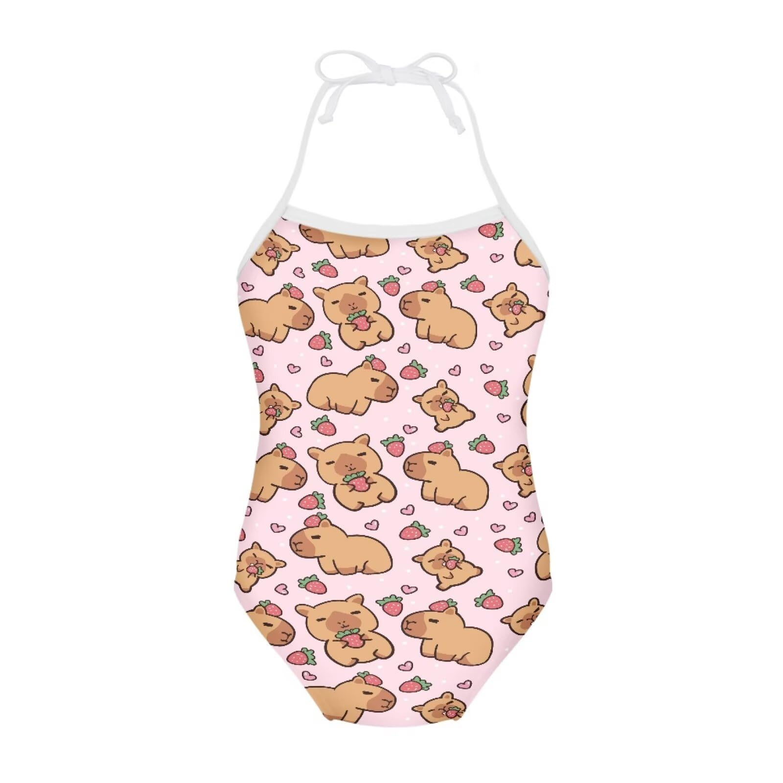 Jekioweii Capybara Strawberry Girls One Piece Swimsuit Novelty Halter Bathing Suit Adjustable Strap Summer Swimwear Beachwear Infant to Little Kid