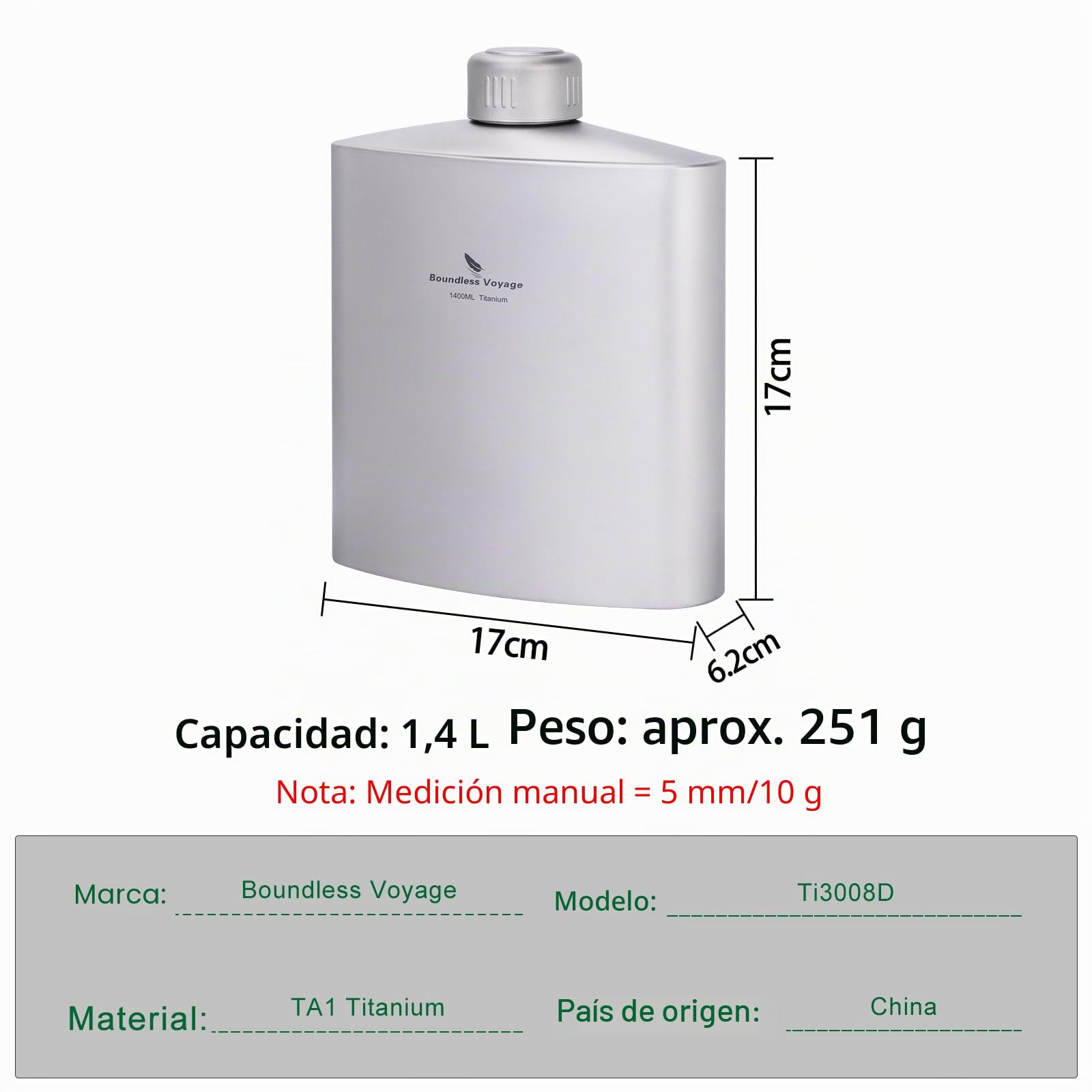 Boundless Voyage Botella de agua de titanio de 1400 ml, cantimplora de viaje D-3008D | Botella deportiva de gran capacidad, botella de boca ancha, para escalada al aire libre, camping, senderismo