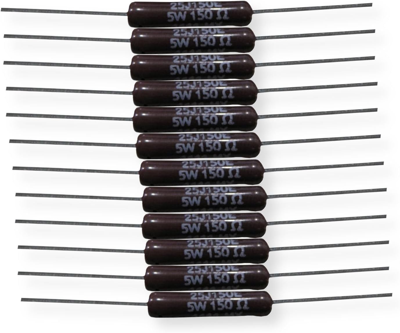 25J150E Pack of 12 Axial Terminal Wirewound Resistors, 5W, 150 Ohms, 330V, 30 TCR, Rugged Vitreous Enamel Coating, Suitable for Industrial Applications