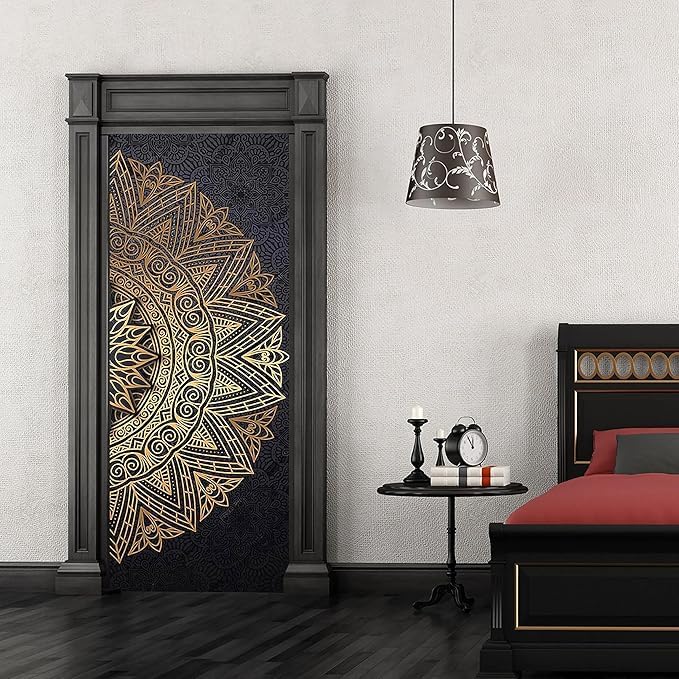 WHITECRAFTS Golden Mandala Half Chakkra Art Door Sticker | Self Adhesive Vinyl Wallpaper Sticker for Door | Elegant Interior Decor | Peel & Stick Murals for Bedroom, Living Room, Kitchen (30x78 inch)