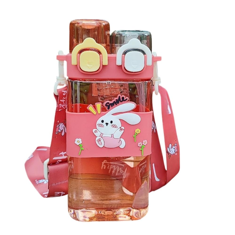FASHION YO Water Bottle Reusable Kids PP with Two Lids Leak Proof with straw Lid BPA Free Drinking bottle (Rabbit 520ML)