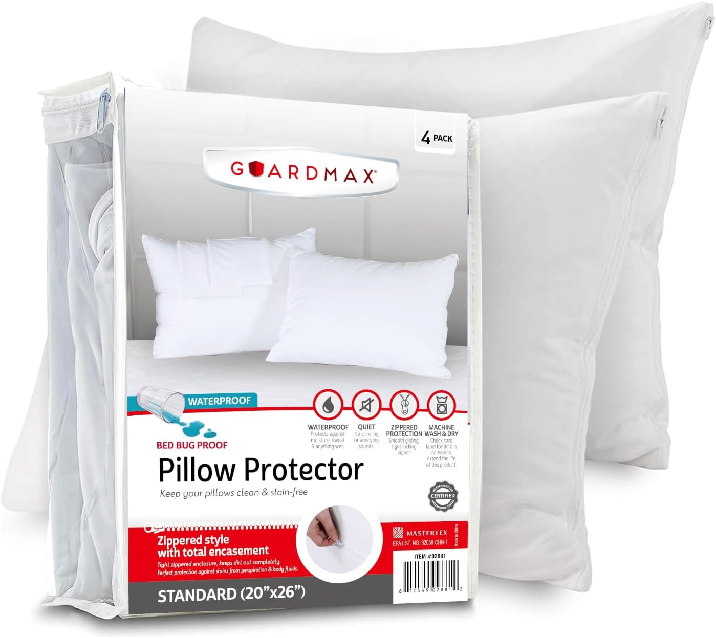 Guardmax Bed Bug Pillow Protectors Standard 4 Pack | Waterproof Hypoallergenic Covers | Zippered Pillow Cases | Noiseless (Standard - 20x26ââ‚¬Â - Set of 4)