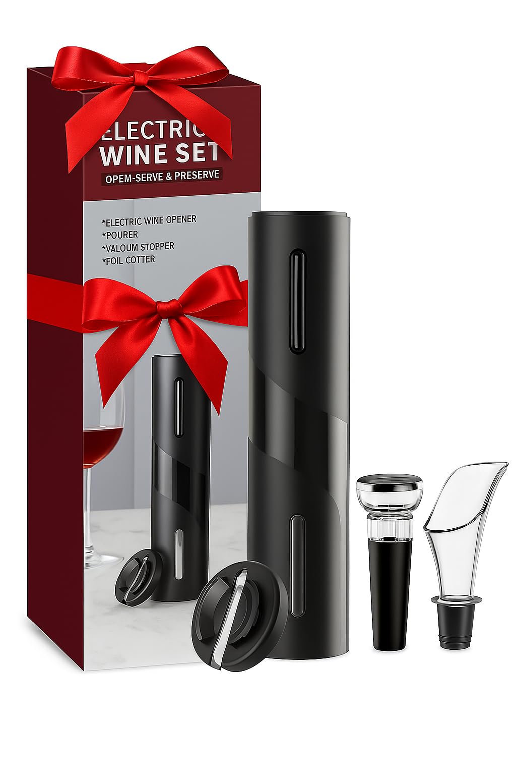 Sacacorchos eléctrico. Abridor de vino eléctrico 4 en 1, abrebotellas eléctrico, cortador hojalata, tapón al vacío y decantador antigoteo. Sacacorchos profesional. Regalos originales para hombre.
