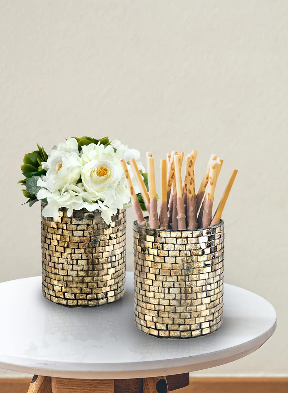 Serene Spaces Living Large Glass Vintage Mosaic Candleholder, Flower Vase, Ideal for Weddings, Home Decor, Thanksgiving, Holidays, Events, Anniversaries, Gift for Loved Ones, 5" Diameter & 6" Tall