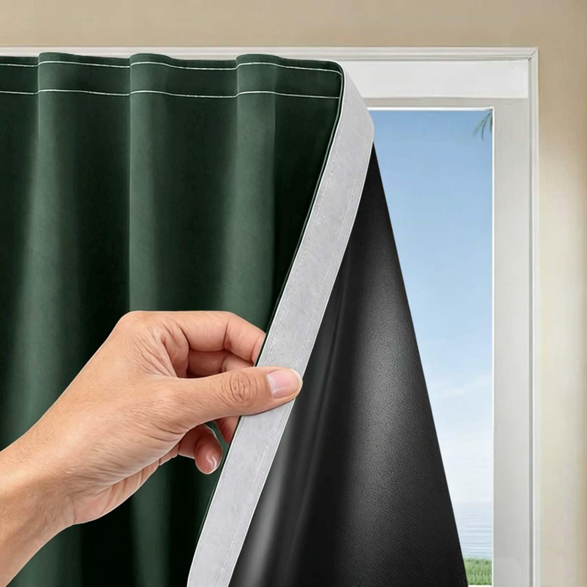 100% Blackout Blind, Self Adhesive Curtains Portable Blackout Blind for Windows Living Room Bedroom Nursery Loft RV Car, Hook & Loop Strip, No Drilling (100W x 120H cm,Green)