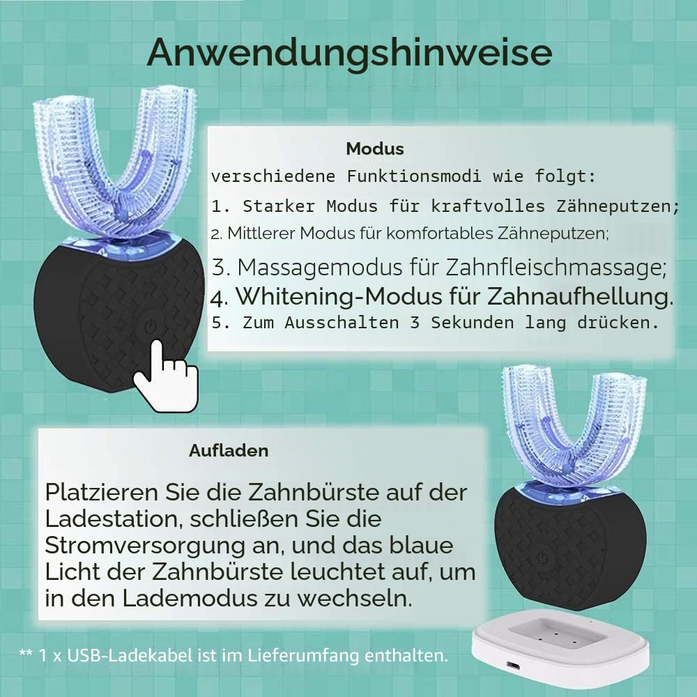 Ultraschall Zahnbürste, 360° Automatische Ultraschall Elektrozahnbürste, Elektrische Automatische Zahnbürste mit Timer, Elektrische Schallzahnbürste für Erwachsene (Schwarz)