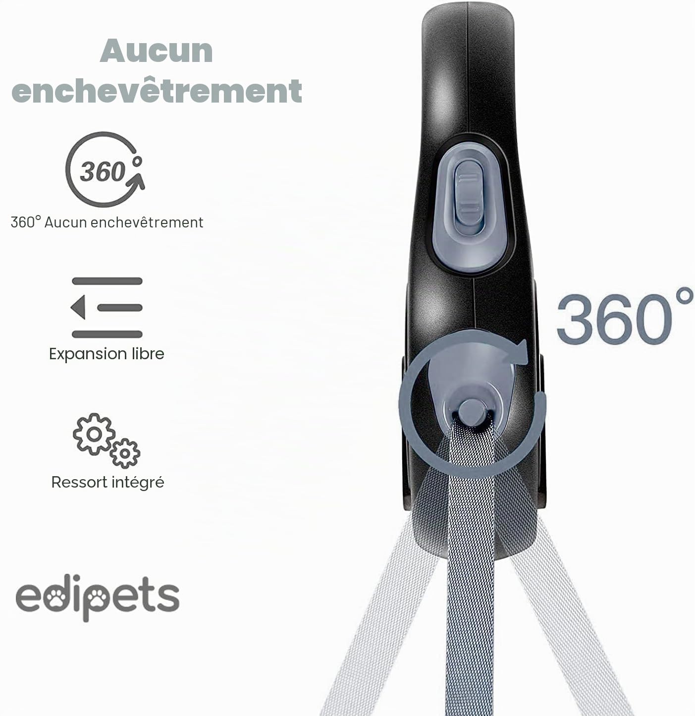 Edipets, Laisse Chien, Enrouleur, Rétractable, 5 et 8 Mètres, Laisse Flexible pour Le Dressage et la Promenade (Gris, 8 mètres)
