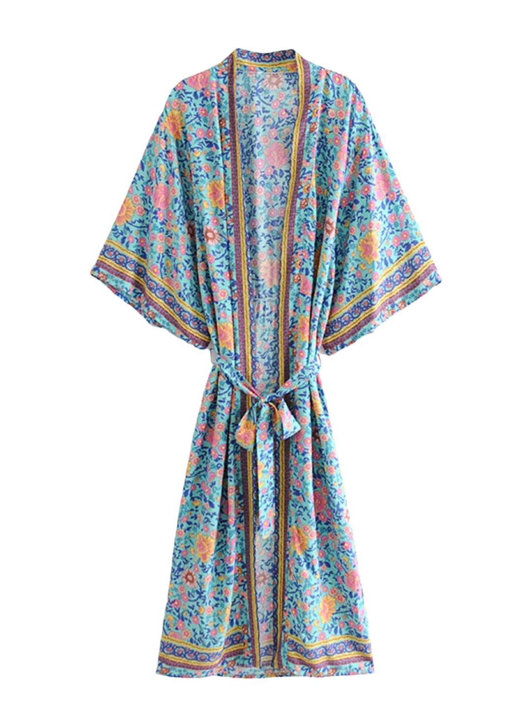 Disimlarl Bata kimono bohemio con estampado floral para mujer, manga de murciélago, para playa, fajas de rayón, verano, bikini, para ropa de playa