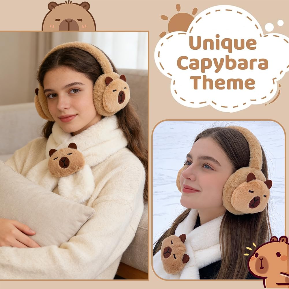 Orejeras de Invierno para Niños, Bufanda infantil Peluche Capybara, Diseño de Estilo de Capybara,Para Actividades Aire Libre En Invierno Correr Esquiar Senderismo-2pcs