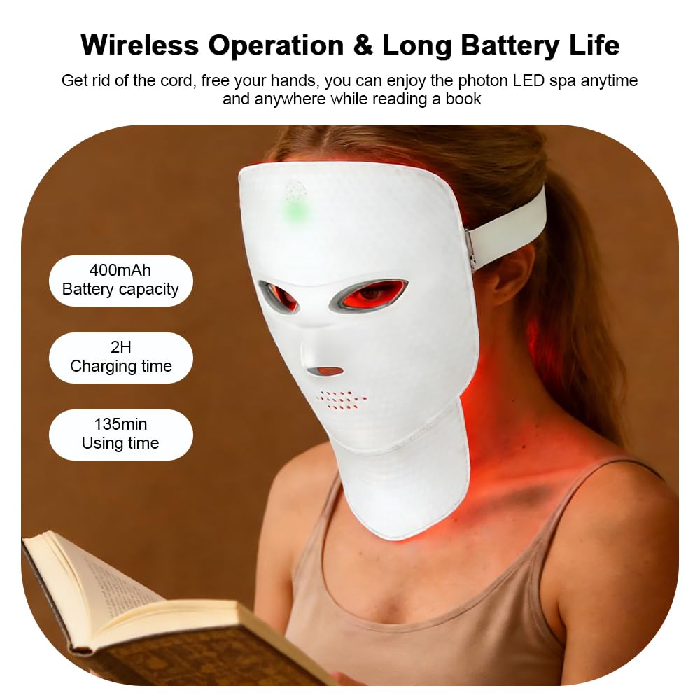 Rotlichttherapie für Gesicht und Hals, LED-Gesichtsmaske, Lichttherapie, 7 Farben, Lichtmaske, kabellos und wiederaufladbar, für Zuhause und auf Reisen