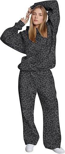 Navonta Womens Cheetah Print 2 Piece Set Oversized Hoodies Wide