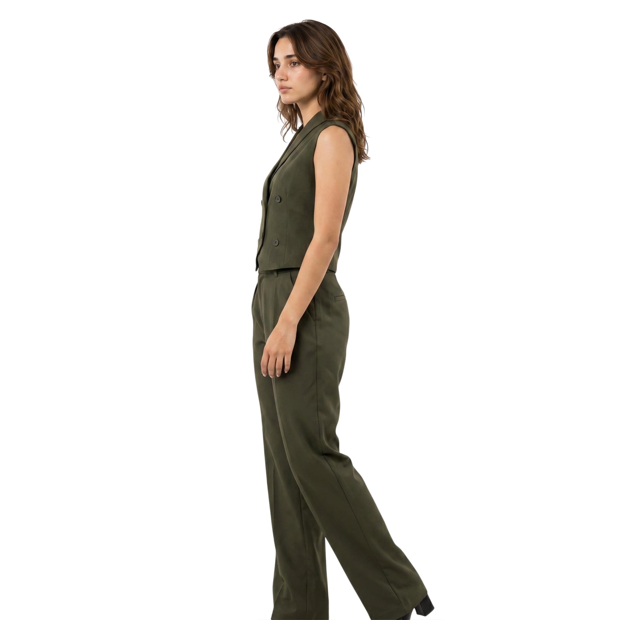 Women Olive Double-Breasted Waistcoat with Trousers | Formal Sleeveless Blazer Co-Ord Set for Women-image-8