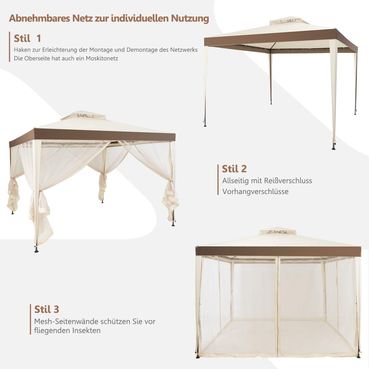 COSTWAY Pavillon 3x3m, Gartenpavillon mit Moskitonetz & Doppeldach, wasserdicht, stabil, Winterfest, Gartenzelt UV Schutz 50+, Partyzelt für Terrasse, Garten, Hinterhof (Beige)