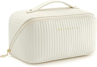 Large Capacity Makeup Bag, Portable Zipper Cosmetic Bag for Women, Travel Makeup Organizer Case, PU Leather Waterproof Toiletry Bag, with Handle and Divider Lay Flat Cosmetic Bags