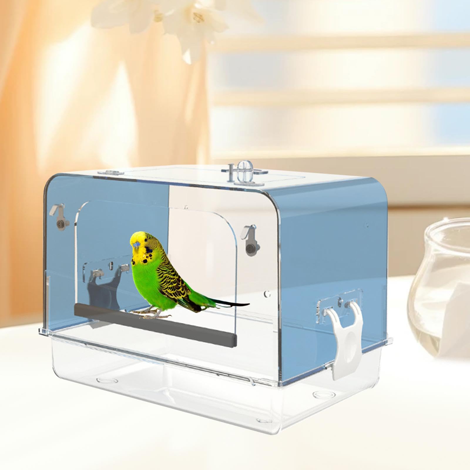 Bañera para Loros con Ganchos, Jaula para Pájaros, Caja de Baño para Cacatúas, Acrílico, Canario, Casa de Baño para Loros, Cuenco de Ducha para Loros, Azul