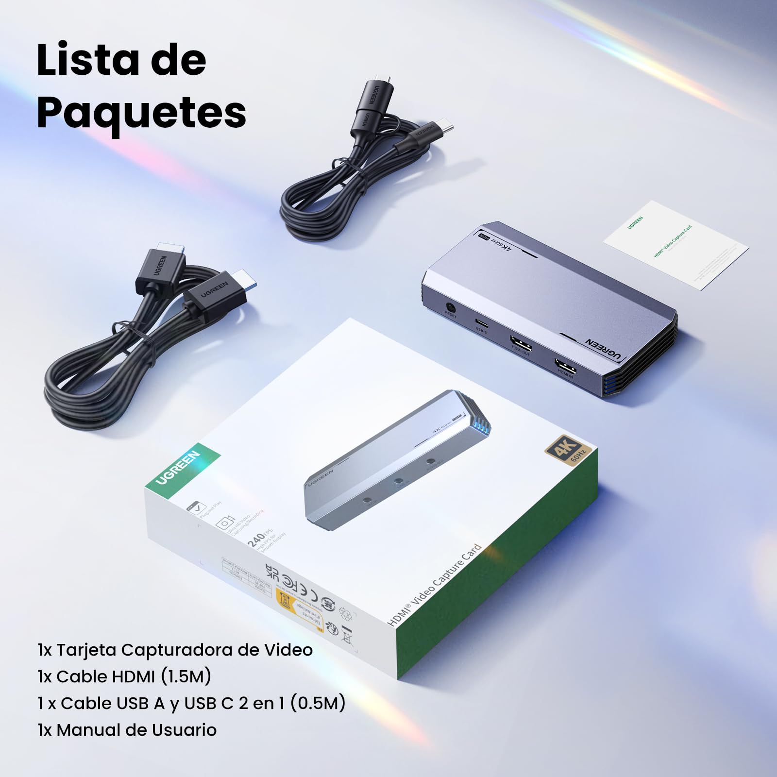 UGREEN Tarjeta de Captura Video HDMI USB 3.0 4K60Hz / 2K144Hz HDR VRR Tarjetas de Adquisición Grabación Streaming Jack 3.5mm Micrófono Auricular Compatible con iPad Switch PS5 Xbox PC Mac