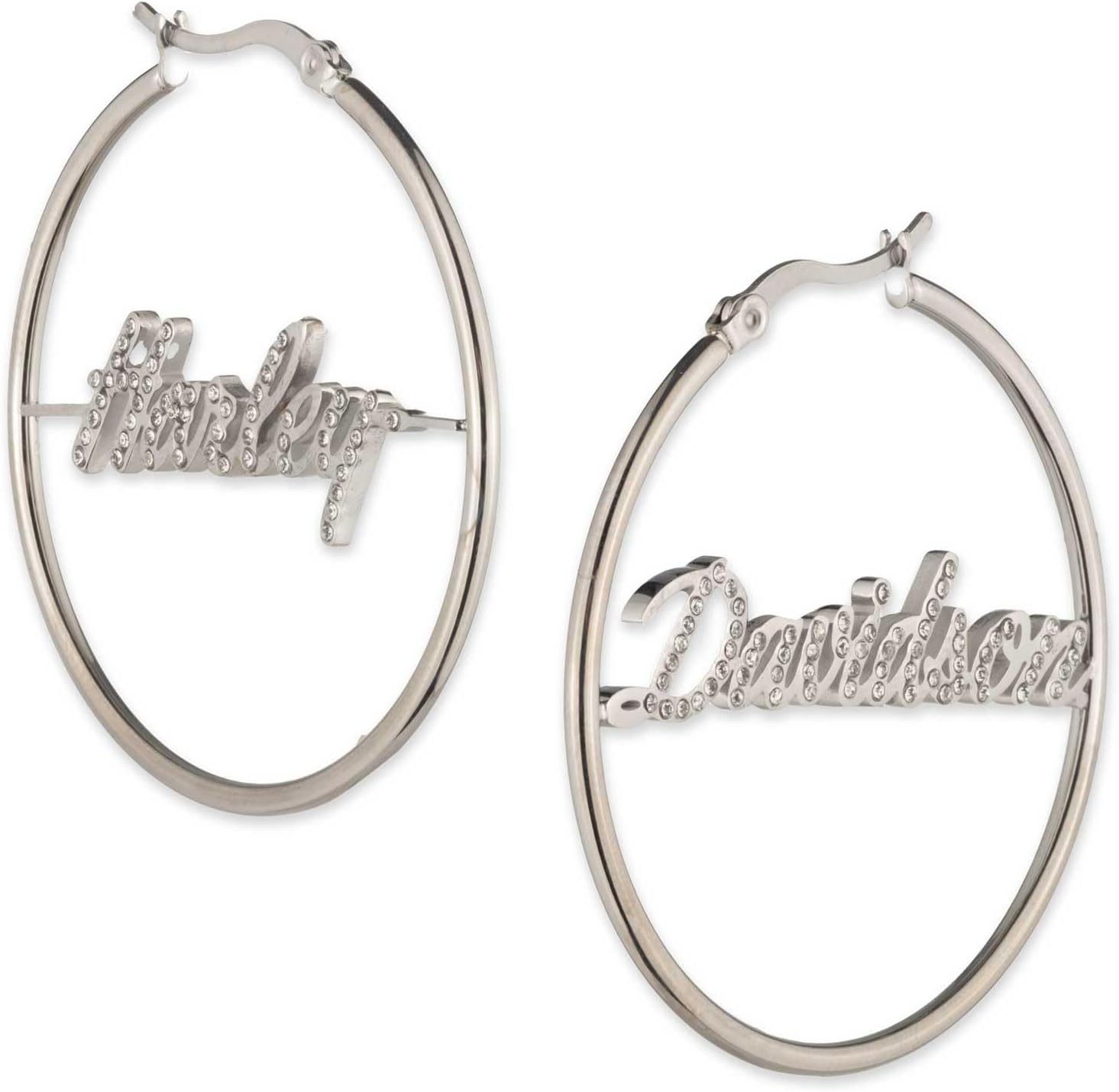 Women's Cursive HD Script Mismatch Crystal Hoop Earrings, Silver