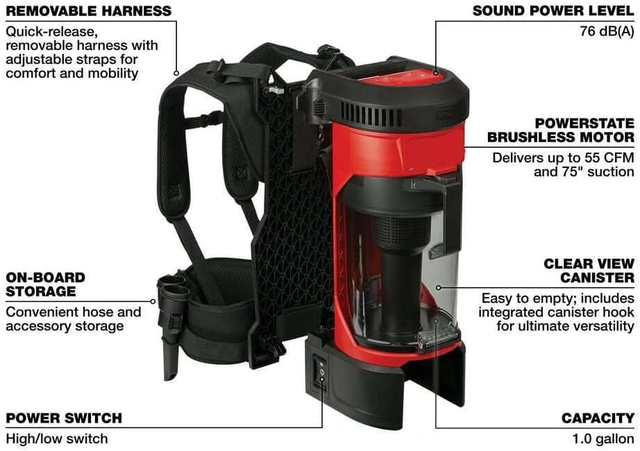 Milmaukee M18 Vacuum Cleaner for Milwaukee M18 18V 3-in-1 Cordless Backpack Vacuum Model# 0885-20, Black