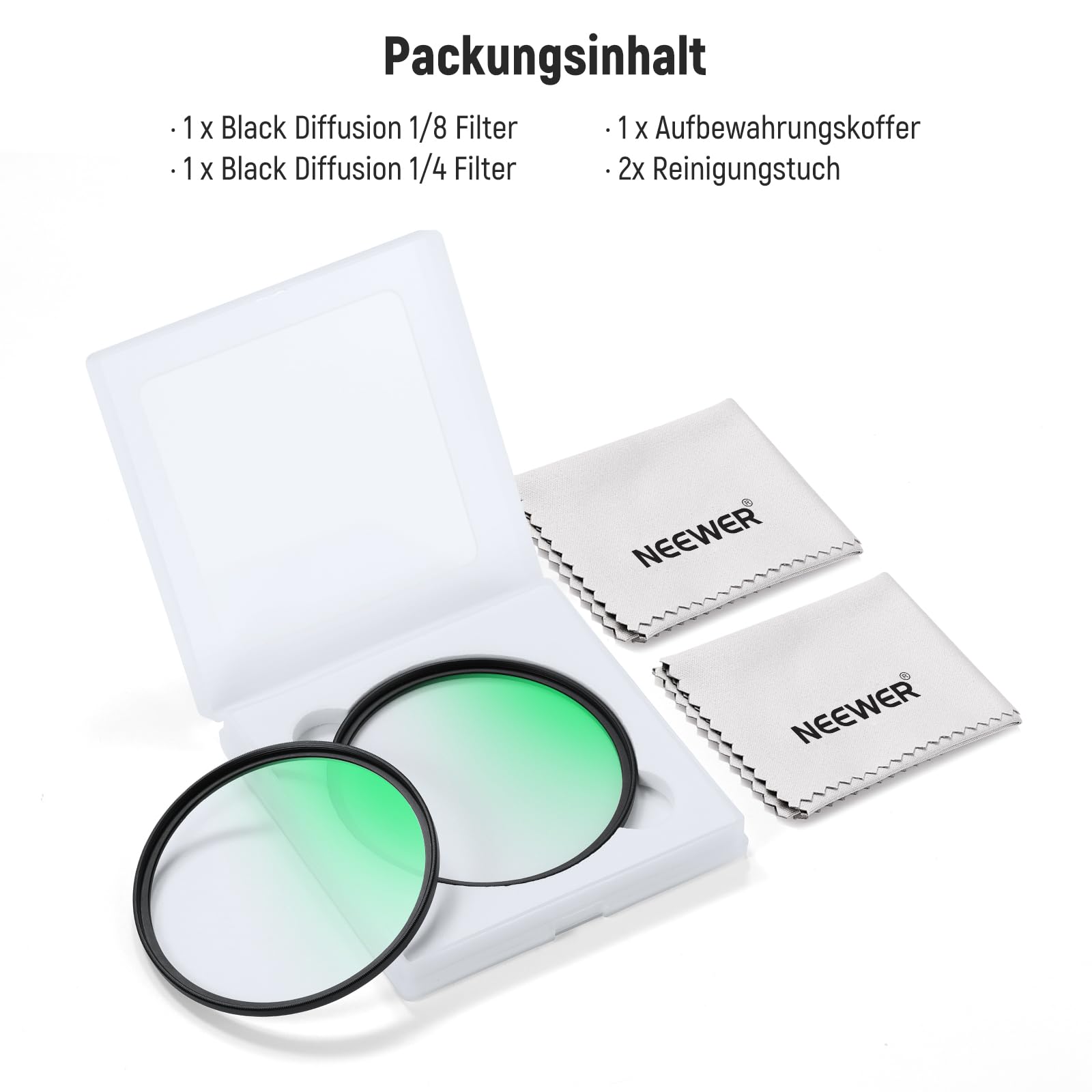 NEEWER 67mm 1/4 & 1/8 Black Diffusion Filter Set für einen filmischen Nebeleffekt (2er Pack), mehrschichtiger Filter für traumhafte Effekte mit Schutzhülle&Staubtüchern für Aufnahmen&porträts