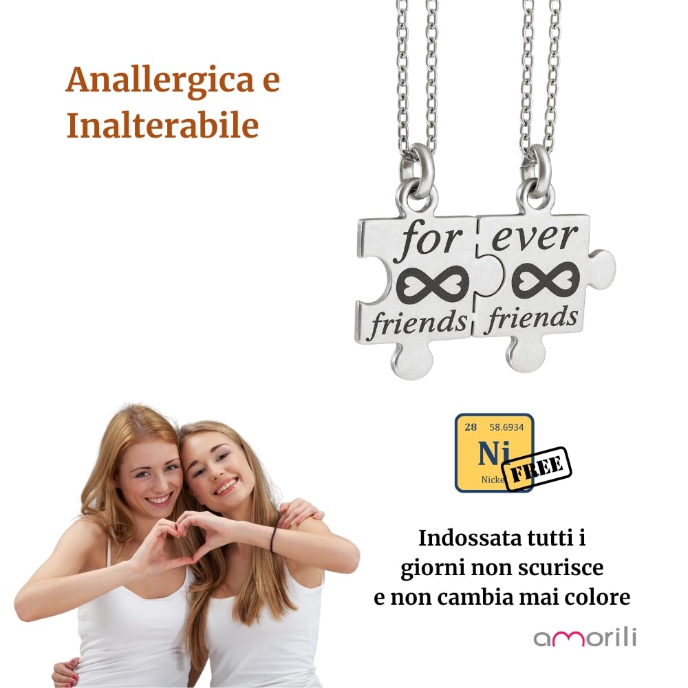 Collana Migliori Amiche BFF Puzzle Divisibile in Acciaio Inox | Set 2 Collane Amicizia | Ciondolo che si Divide | Idea Regalo Amiche Speciali cll1917