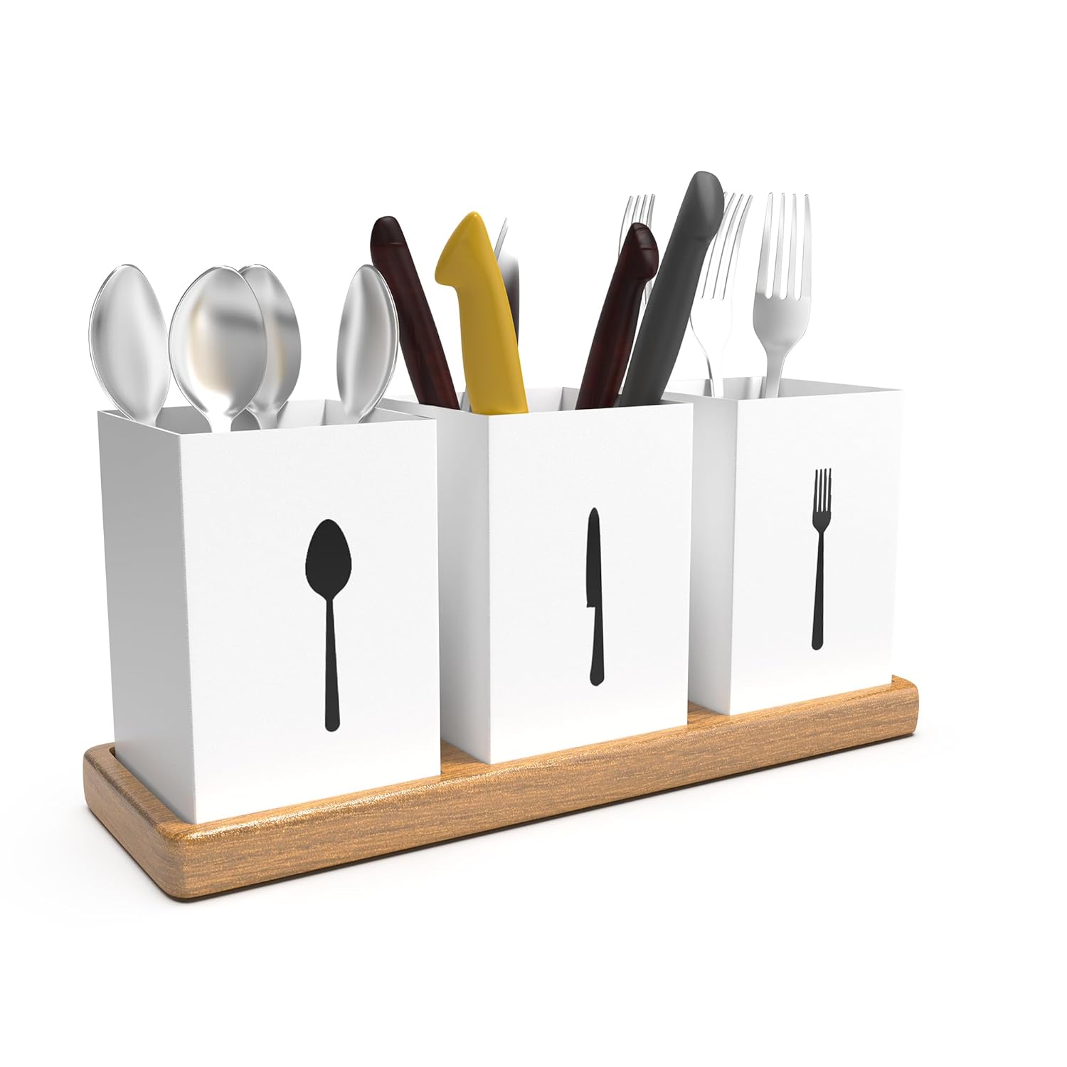 ROSTON Cutlery Holder for dining table with Spoon, Fork and Knife Compartments, Wood Base organizer self draining