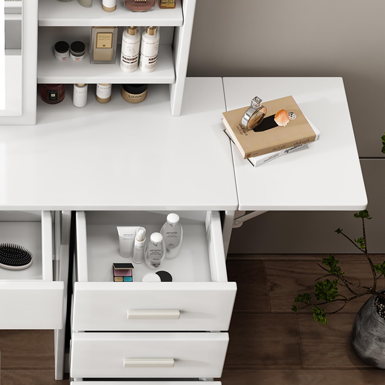 Leavader White Vanity Desk Set - 43.3" Large Vanity Table with Sliding Lighted Mirror in 3 Colors & 5 Drawers & Retractable Rack, Dressing Table Makeup Desk with Stool Set