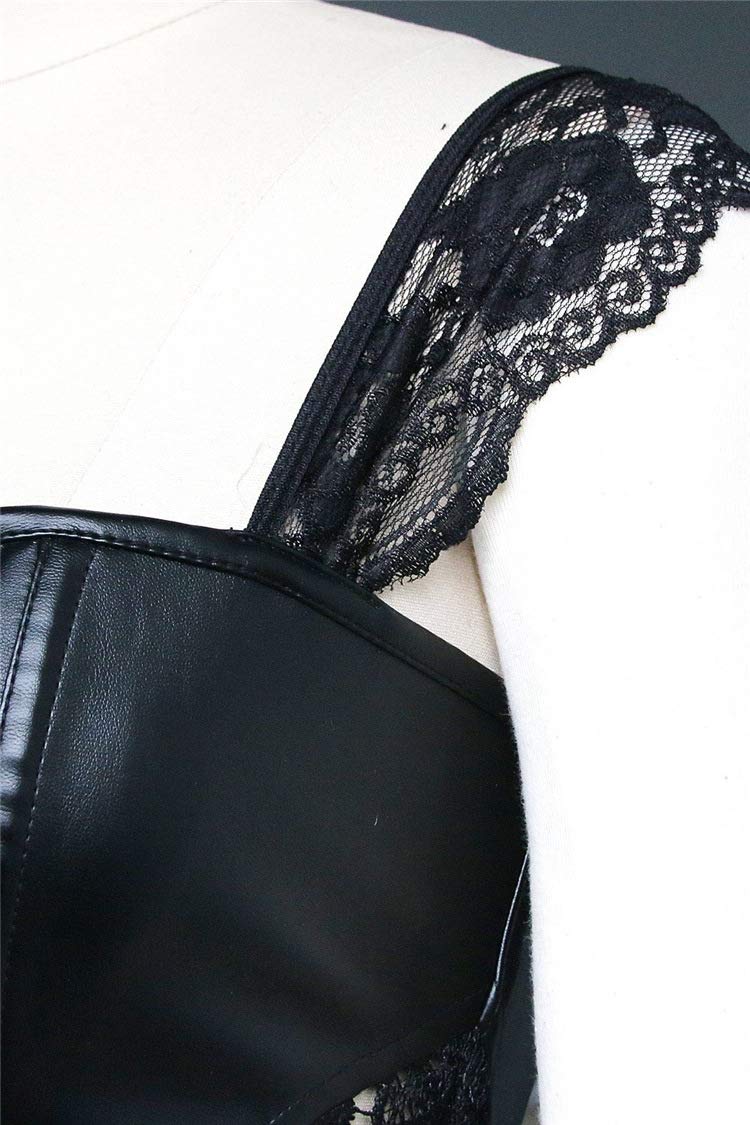 DISSA Corset Robe Simili Cuir Baleines Plastiques | Simili cuir, bretelles en dentelle, laçage avant, fermeture éclair arrière, jupe en dentelle intégrée, baleines plastiques