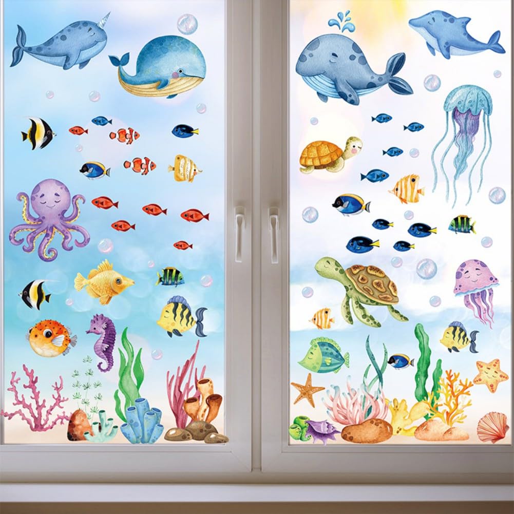 Window Stickers for Glass 8 Sheets 123 Pcs Ocean Themed Window Clings Whales, Sharks, Dolphins, Sea Turtles Patterned Window Decals for Home Decor for Glass Windows Doors Refrigerator Decor