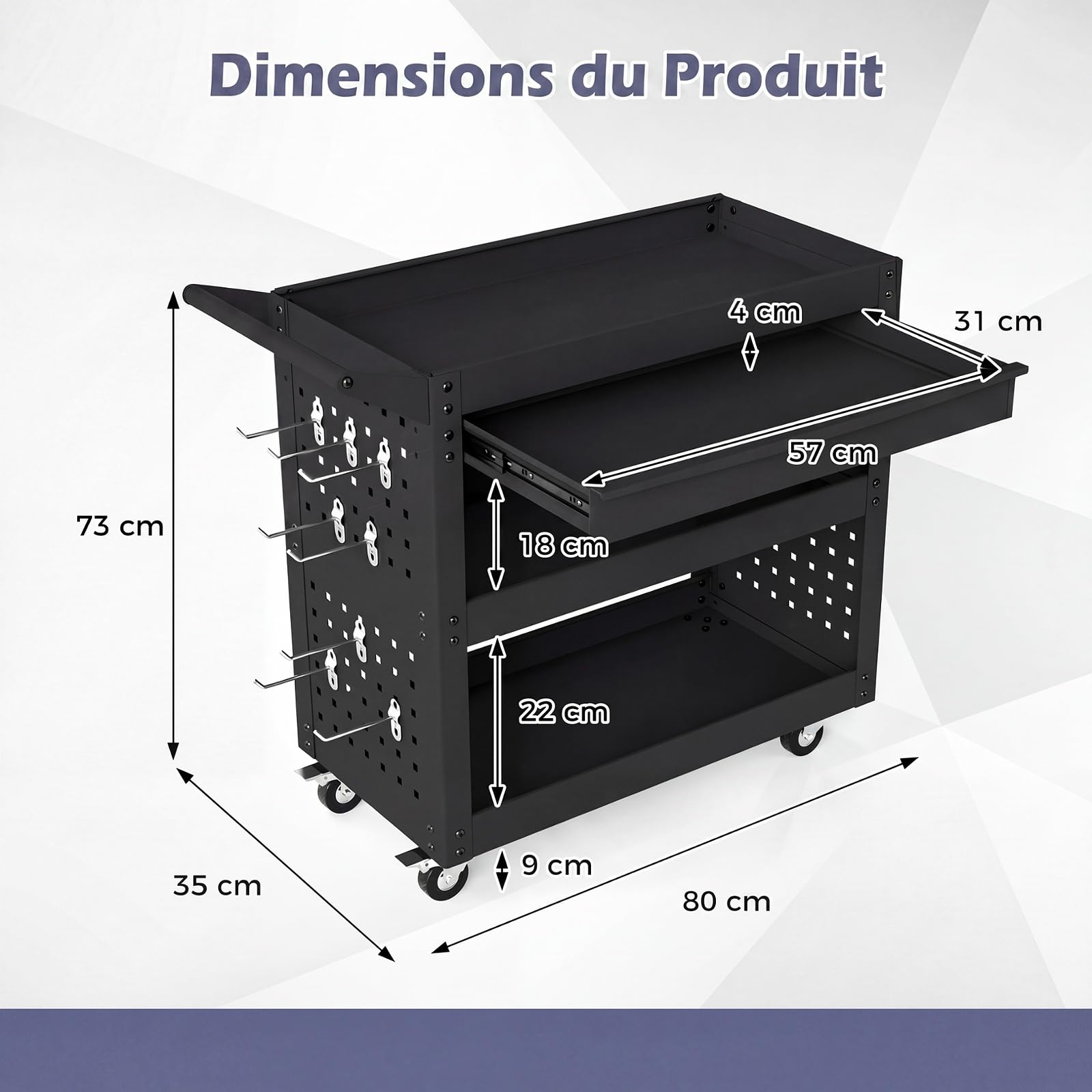 GYMAX Chariot à Outils, 3 Niveaux de Rangement & Tiroir & 2 Panneaux Perforés & 8 Crochets, roulettes Veroouillables, Servante Roulant en Métal pour Atelier, Garage et Entrepôt