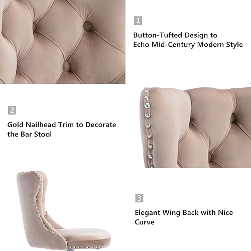 Miniatura 157 de Aoowow Juego de 2 taburetes de bar giratorios ajustables con respaldo de terciopelo copetudo, sillas de bar modernas tapizadas con cabeza de clavo