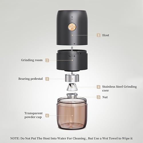 Miniatura 5 de ELMWAY - Molinillo de café eléctrico portátil con rebabas de acero inoxidable y ajuste de grosor interno, compacto para viajes y uso doméstico,