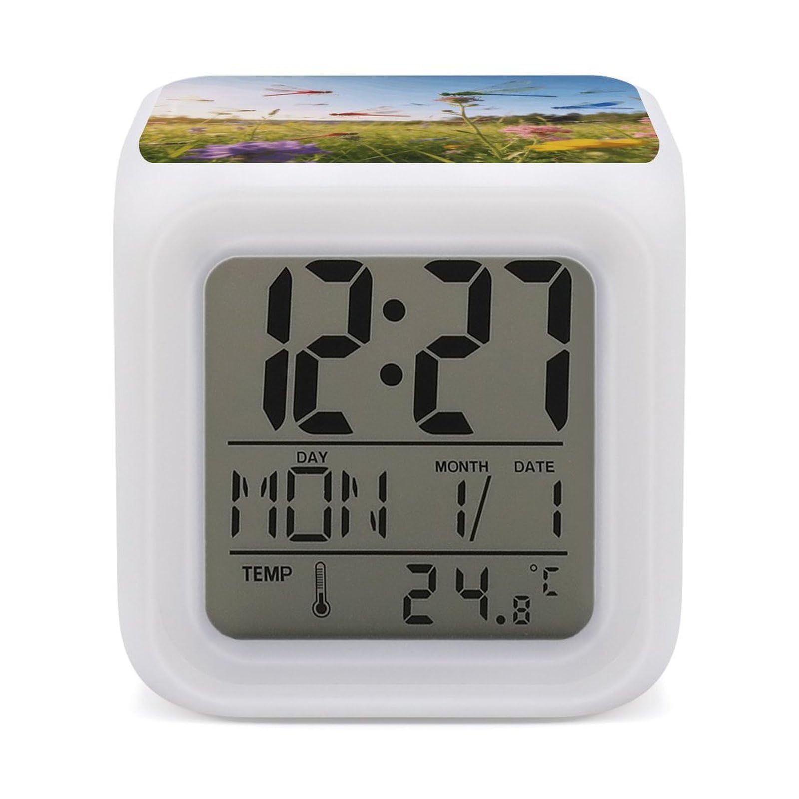 LZQPOEAS Dragonfly Meadow Alarm Clock with 7 Color Changing Nightlight for Bedroom Calendar Temperature Display Wake Up Digital Clock Small Desk Clocks for Heavy Sleepers Adults