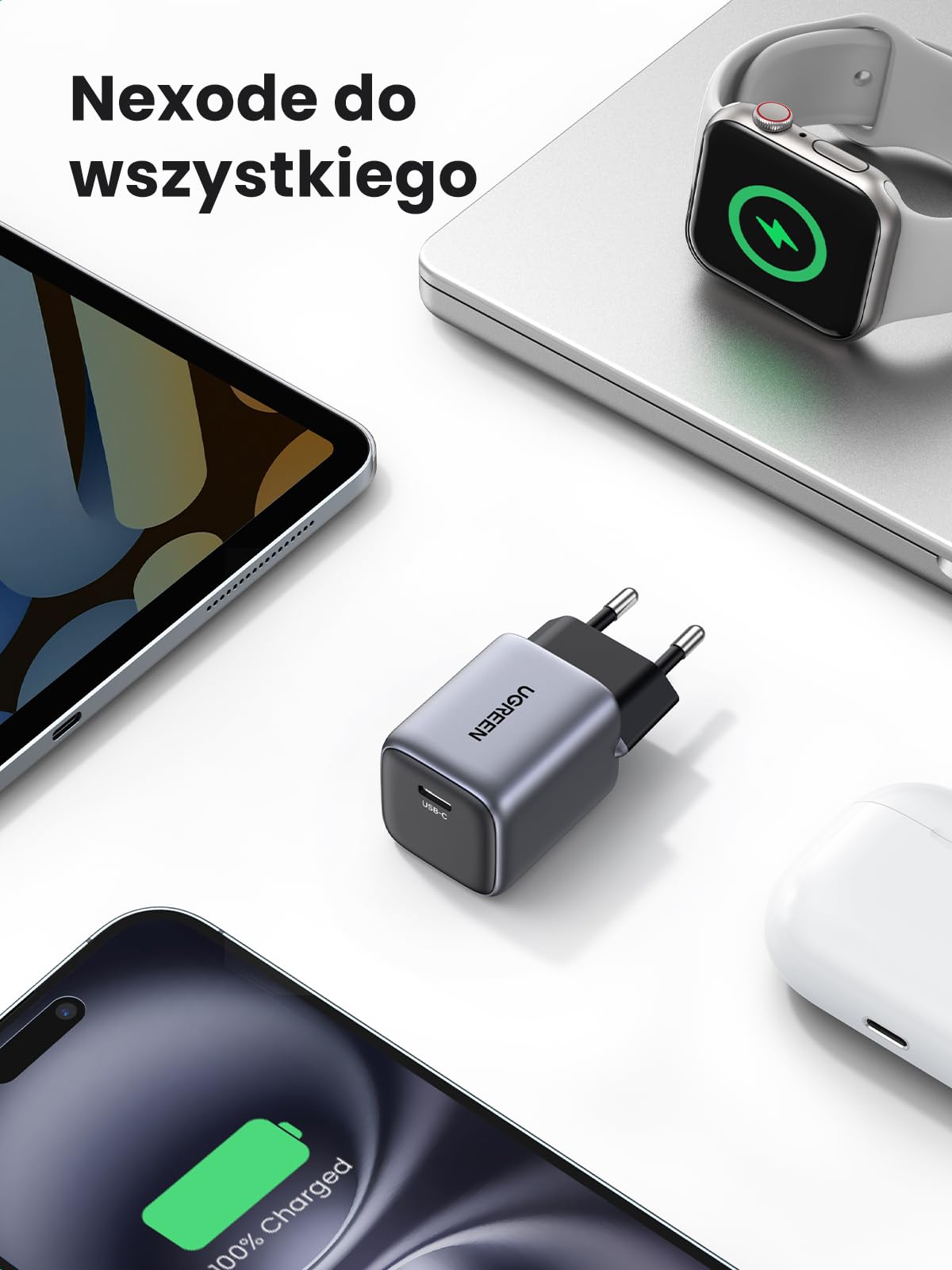 UGREEN Nexode 30W Ładowarka USB C Zasilacz USB C GaN II Tech Szybka ładowarka Kompatybilna z iPhone 16 Pro Max, 15, 14, 13, 12, Galaxy S24 Ultra, S23, iPad, Tab A8, Pixel, HomePod (czarny)