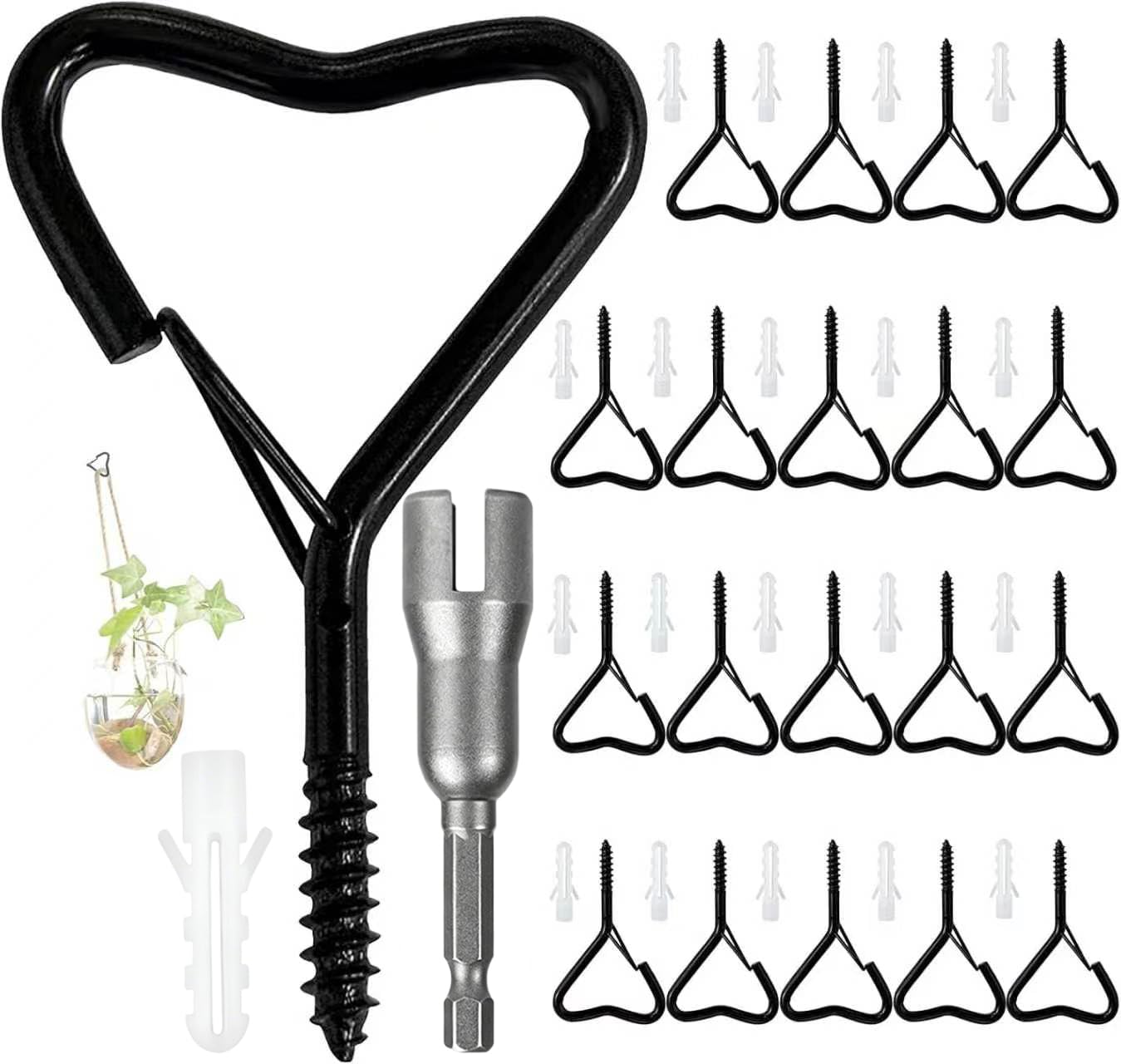 Ticway 20 PCS Q Hanger Hooks with Safety Buckle, Hooks for Outdoor String Lights, Heart Love Plant Hooks for Outdoor String Lights, Party Lights, Garage, Wind Chimes - Black