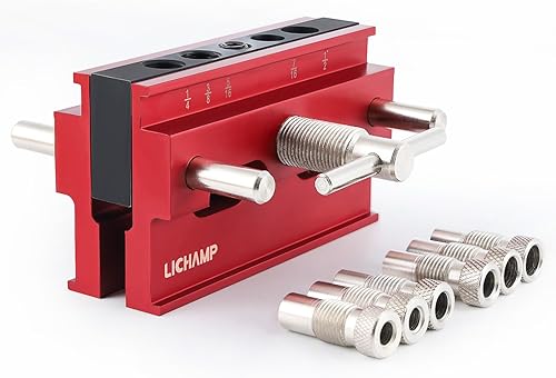 Lichamp Kit de plantilla de clavija autocentrante, guía de taladro para agujeros rectos, plantilla de clavija con 6 bujes guía de taladro (rojo)