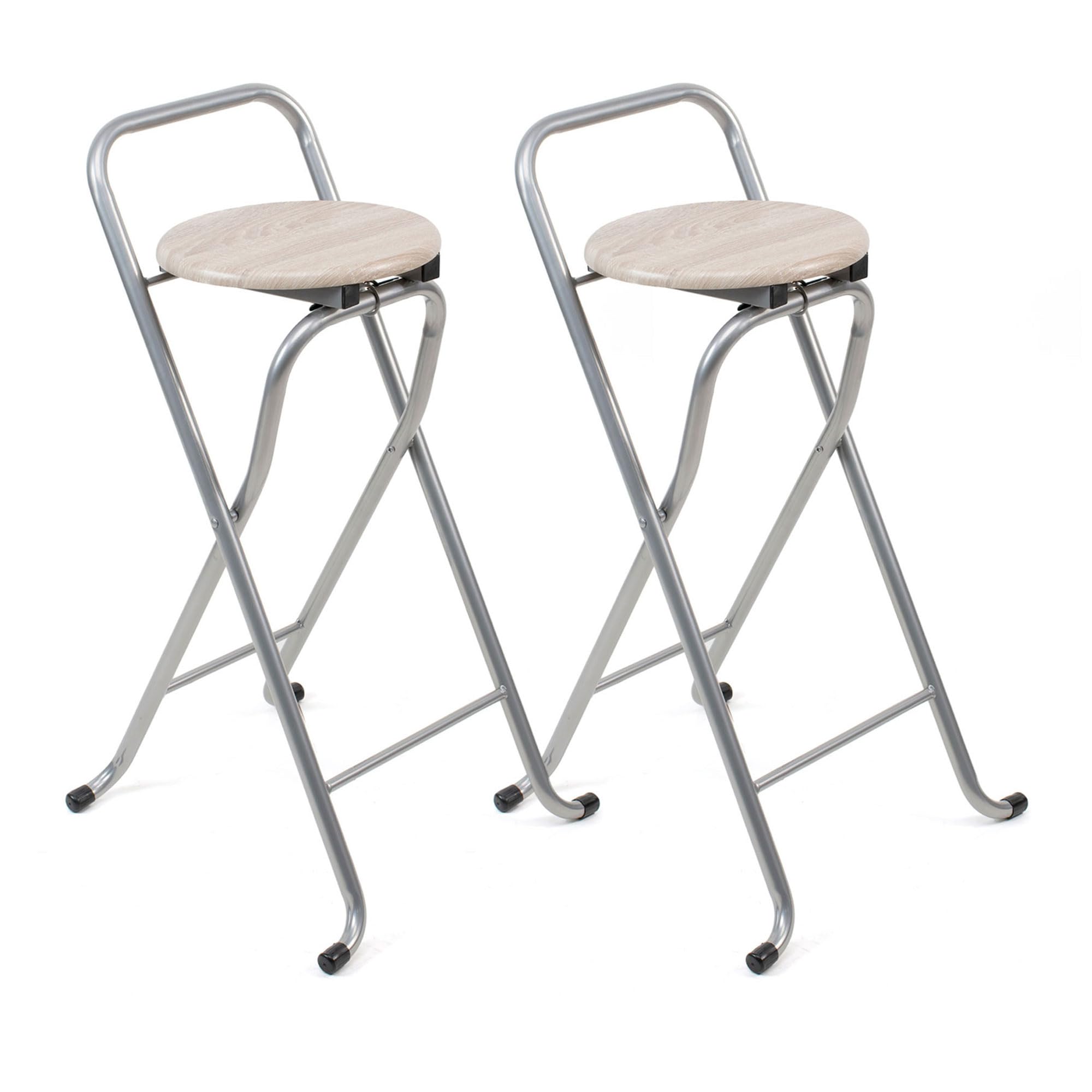 THE SECRET HOME - Pack de 2 Taburetes Plegables con Respaldo - Sillas Plegable de Metal y Madera - Decoración para el Hogar - Ideales para Cocina (Alto. 80 cm x Largo. 45 cm - Patas Plateadas)
