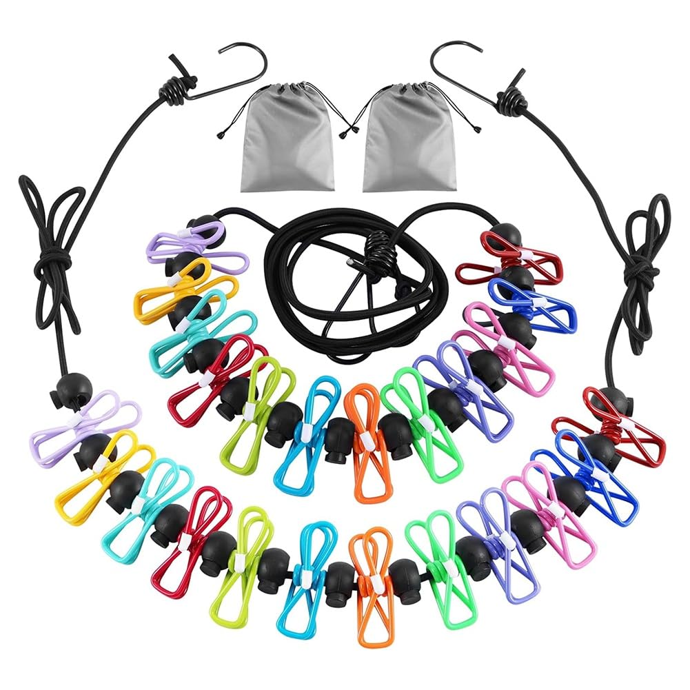 Hndhbfgrt Retractable Camping Clothesline 2 Pack with 12 Clothespins, Elastic Travel Clothesline for Outdoor and Indoor Use