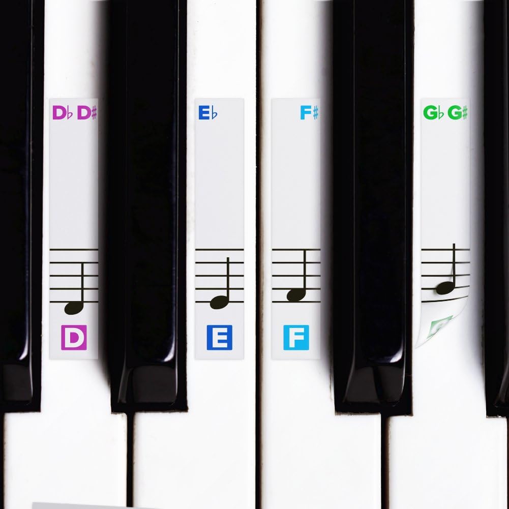 Color Piano Stickers for Keys w/Complete Printed Notes on Grand Staff - Removable w/Double Layer Coating for 49/61 / 76/88 Keyboards
