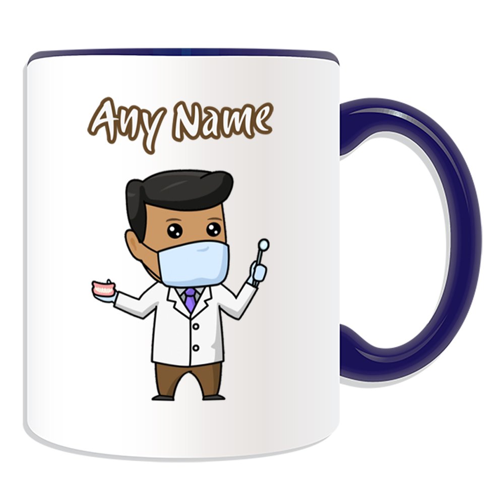 Unigift Men's Blue Personalised Gift - Dentist Black Mug (Career Design Theme, Colour Options) - Any Name/Message On Your Unique - Medical Mask Dental Tool White Lab Coat Tooth Practice Asian Occupation