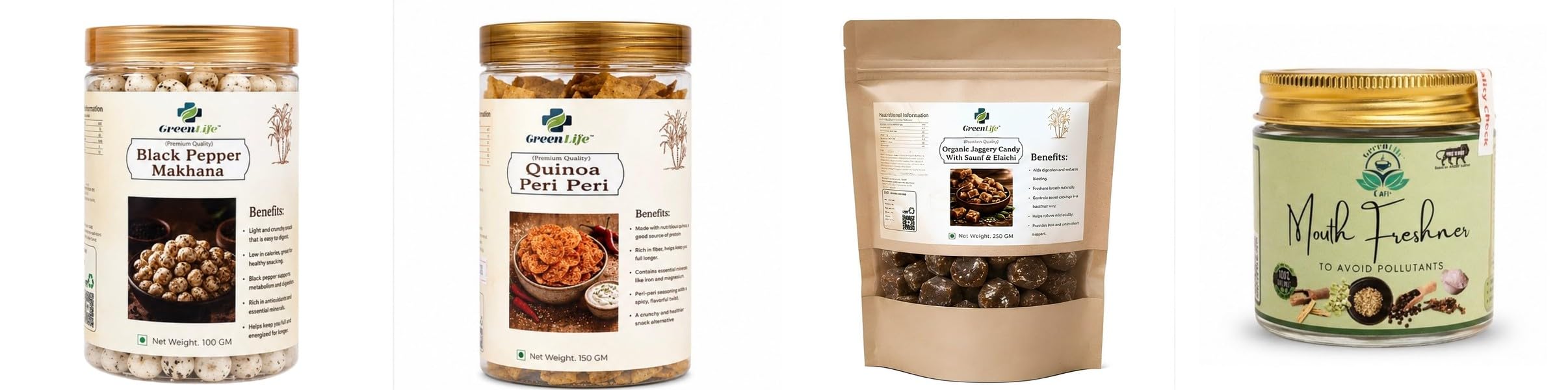 Black Pepper Makhana | Roasted Fox Nuts | 100gQuinoa Peri Chips | Spicy Baked Quinoa | 150gOrganic Jaggery Candy Ginger Mix 250g | Natural Desi Gur |-image-47