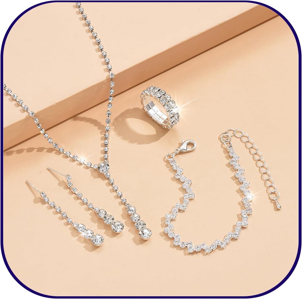 HANGINTHERE Silver Jewelry Set for Women Formal,Bridal Bridesmaid Jewelry Set for Wedding,Necklace Bracelet Earrings and Ring Set