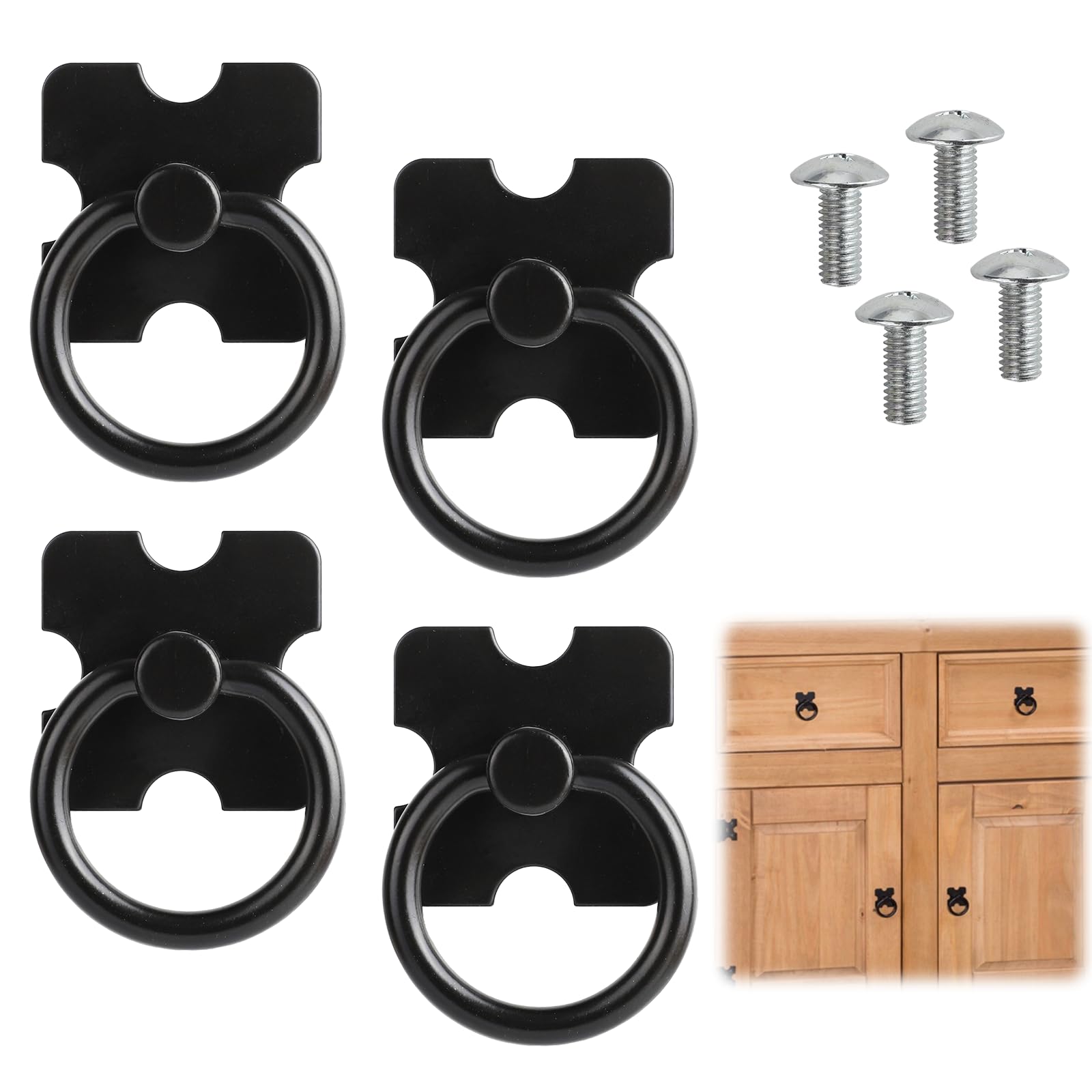 HotoPink 4 Pcs Black Vintage Drawer Ring Pull, Metal Drawer Knobs Pulls Handles with Screws, Drawer Handles and Ring Pull for Furniture Drawer Cabinet Wardrobes Cupboard Dresser Decor