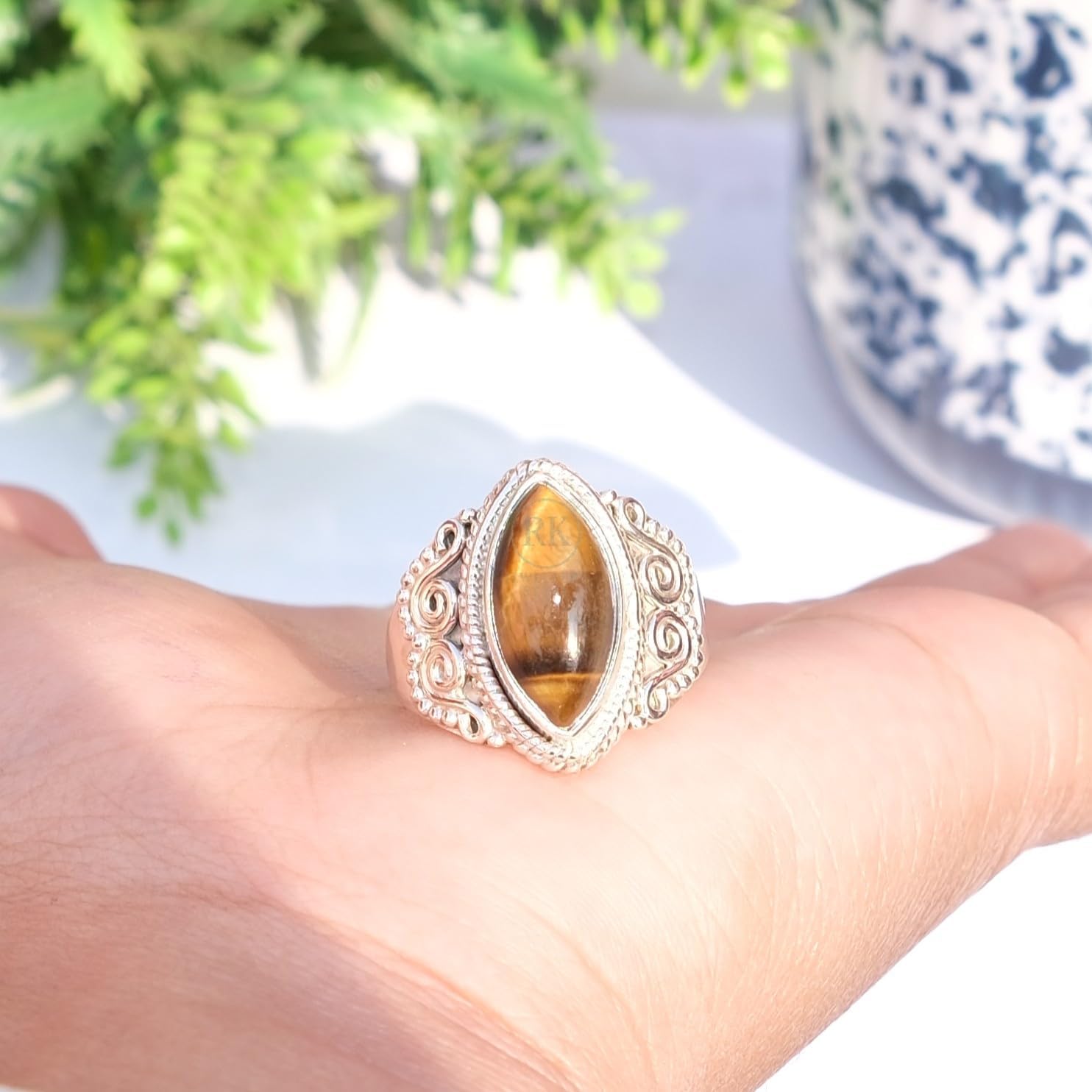 Natural Tiger Eye Brown Stone 925 Sterling Silver Handmade Boho Stacking Ring Gift Jewelry For Wife Mom Girlfriend